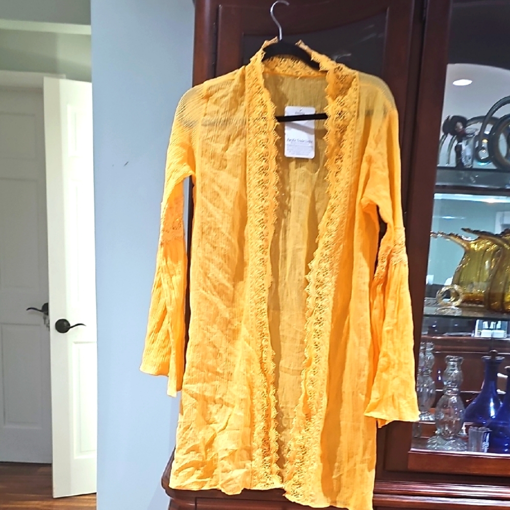 Pacific Yellow‎ Lace Trim Women's Long Cardigan/Swim Swimsuit Coverup med…